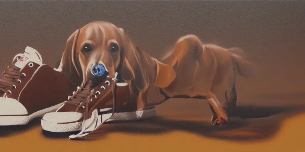 Image similar to smoking brown dog with sneakers, as a matte oil painting