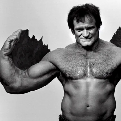 Prompt: robin williams as the hulk, smiling