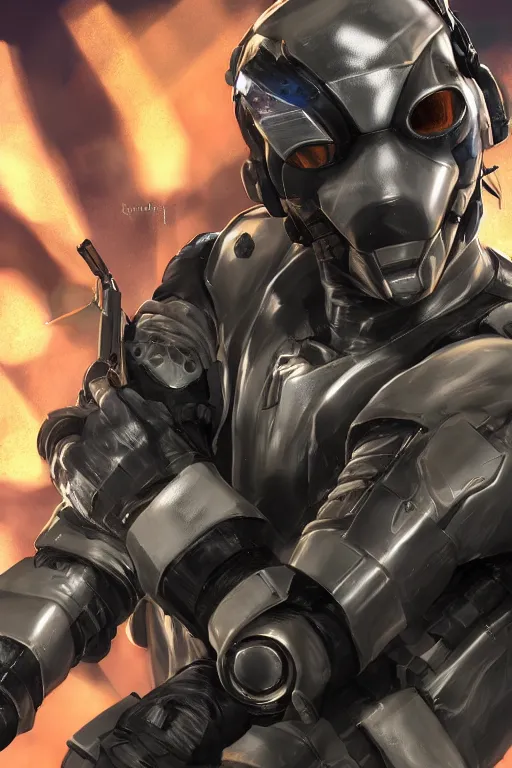 Image similar to cyber cyborg ninja mask helmet metal gear solid artic suit swat commando, global illumination ray tracing hdr fanart arstation by sung choi and eric pfeiffer and gabriel garza and casper konefal, a spectacular view cinematic rays of sunlight comic book illustration, by john kirby