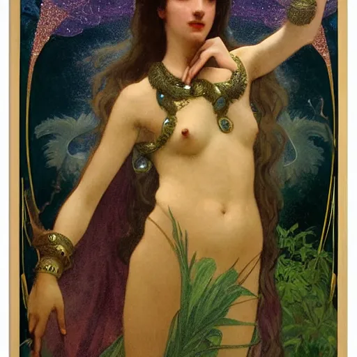 Image similar to Demon Girl at the palace, refracted sparkles, thunderstorm, greek pool, beach and Tropical vegetation on the background major arcana sky, by paul delaroche, alphonse mucha and arnold böcklin, hyperrealistic 8k, award-winning, very very very detailed