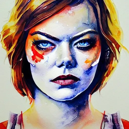 Prompt: Old Emma Stone by Sandra Chevrier, watercolors, eerie fog