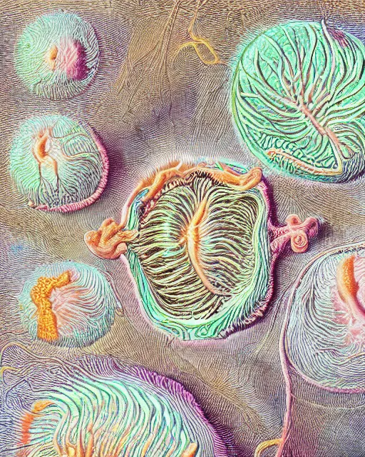 Prompt: Escherichia coli, close up details, drawn by Ernst Haeckel, colorful