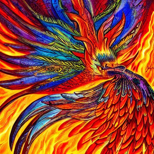Image similar to beautiful phoenix bird with long tail made of flames, detailed painting in the style of josephine wall 4 k