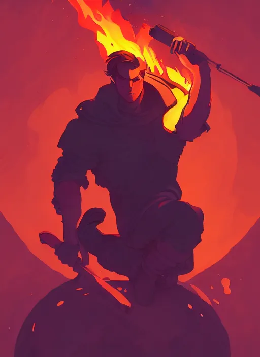 Prompt: uberchad burning a pillow, heroic, glorious, in the style of artgerm, gerald brom, atey ghailan and mike mignola, vibrant colors and hard shadows and strong rim light, plain background, comic cover art, trending on artstation