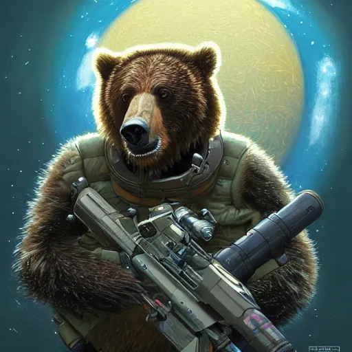 Image similar to detailed science - fiction character portrait of a grizzly bear shooting a machine gun in space, intricate, wild, highly detailed, digital painting, artstation, concept art, smooth, sharp focus, illustration, art by artgerm and greg rutkowski and alphonse mucha