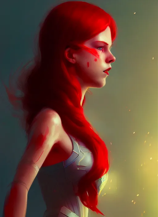 Prompt: a beautiful red - haired girl dressed as a superhero, intricate, elegant, highly detailed, digital painting, artstation, concept art, smooth, sharp focus, illustration, ethereal, misty, by ilya kuvshinov and jeremy mann, 8 k, octane render