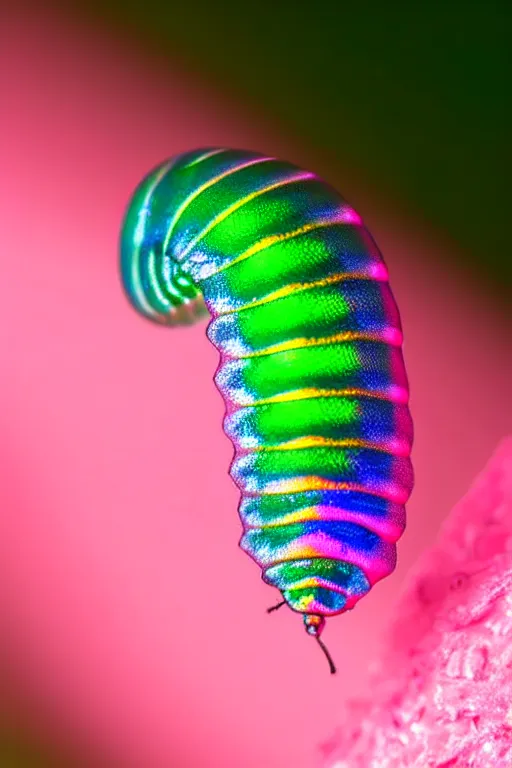 Prompt: high quality macro photo iridescent translucent caterpillar! gorgeous highly detailed david ligare elson peter cinematic pink lighting high quality low angle hd 8k sharp shallow depth of field