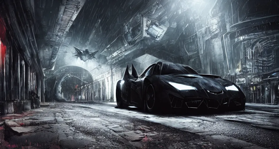 Image similar to The Batman Who Laughs In A Dimly Lit Tunnel and His Psycho Batmobile, bats, sunset, volumetric lighting, hyperrealistic, beautiful details, HDR, octane render, action shot, wide angle, bokeh, Yasushi Niarasawa Moebius HR Giger Style