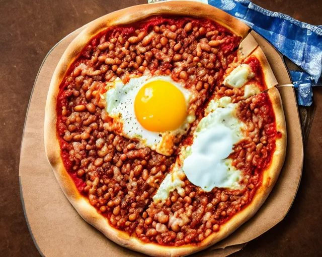 Image similar to dslr food photograph of a mouthwatering new york pizza with baked beans and egg on, 8 5 mm f 1. 4