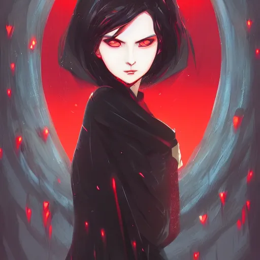 Prompt: a portrait of a very beautiful vampire woman with black hair and pale skin, red eyes, wearing a black and red cloak, nightime village background, anime key visual, dramatic lighting, 4k resolution, illustration, concept art, lois van baarle, ilya kuvshinov, rossdraws, artstation