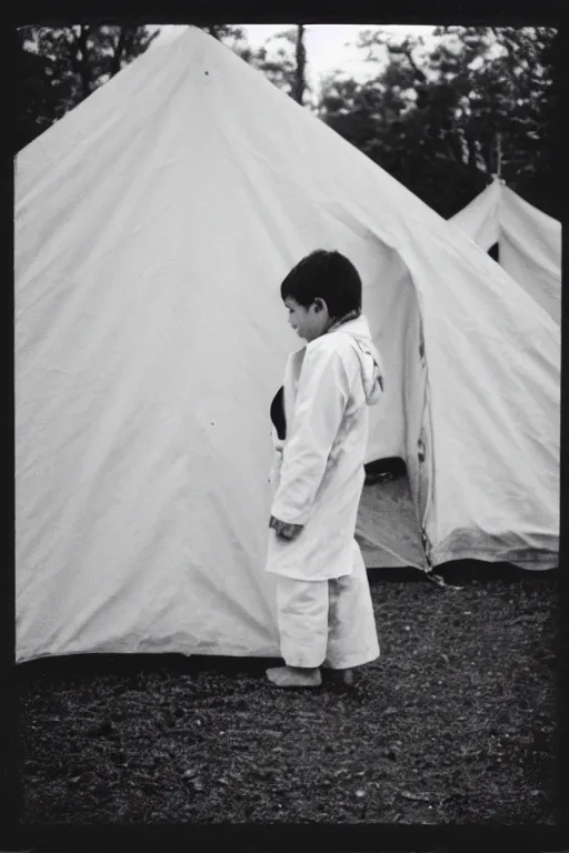 Image similar to photo polaroid of a sad and lonely child in a white coat and barefoot stands in the middle from behind the camera many big tents of field hospitals, pandemic, covid, loneliness, black and white ,photorealistic, 35mm film,