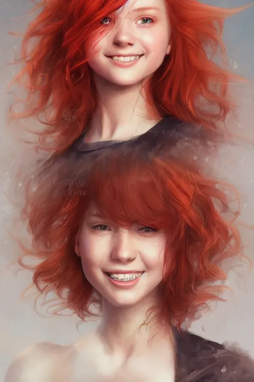 Image similar to ultra realistic style illustration of a cute red haired young woman smiling, 1 9 year old, headshot, sci - fi, fantasy, intricate, elegant, digital painting, artstation, concept art, smooth, sharp focus, illustration, 8 k frostbite 3 engine, ultra detailed, art by artgerm and greg rutkowski and magali villeneuve