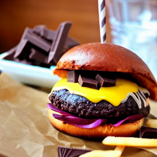 Prompt: chocolate cheeseburger with chocolate fries
