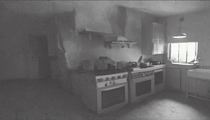 Prompt: a rhinoceros in a burning stalinist style kitchen, mini dv camera found footage, very very low quality picture, heavy grain, caught on security camera, heavy jpeg artifact, night vision very blurry, caught on trail cam, 1 4 4 p, ultra wide lens