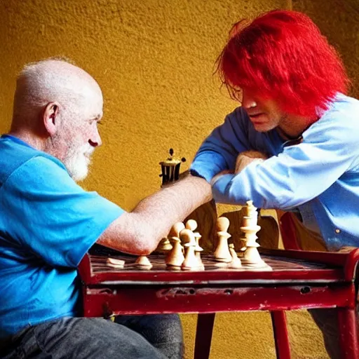 Image similar to a beautiful man wearing a red wig playing chess with an older janitor. baroque. high quality artgem trending fantastic exquisite