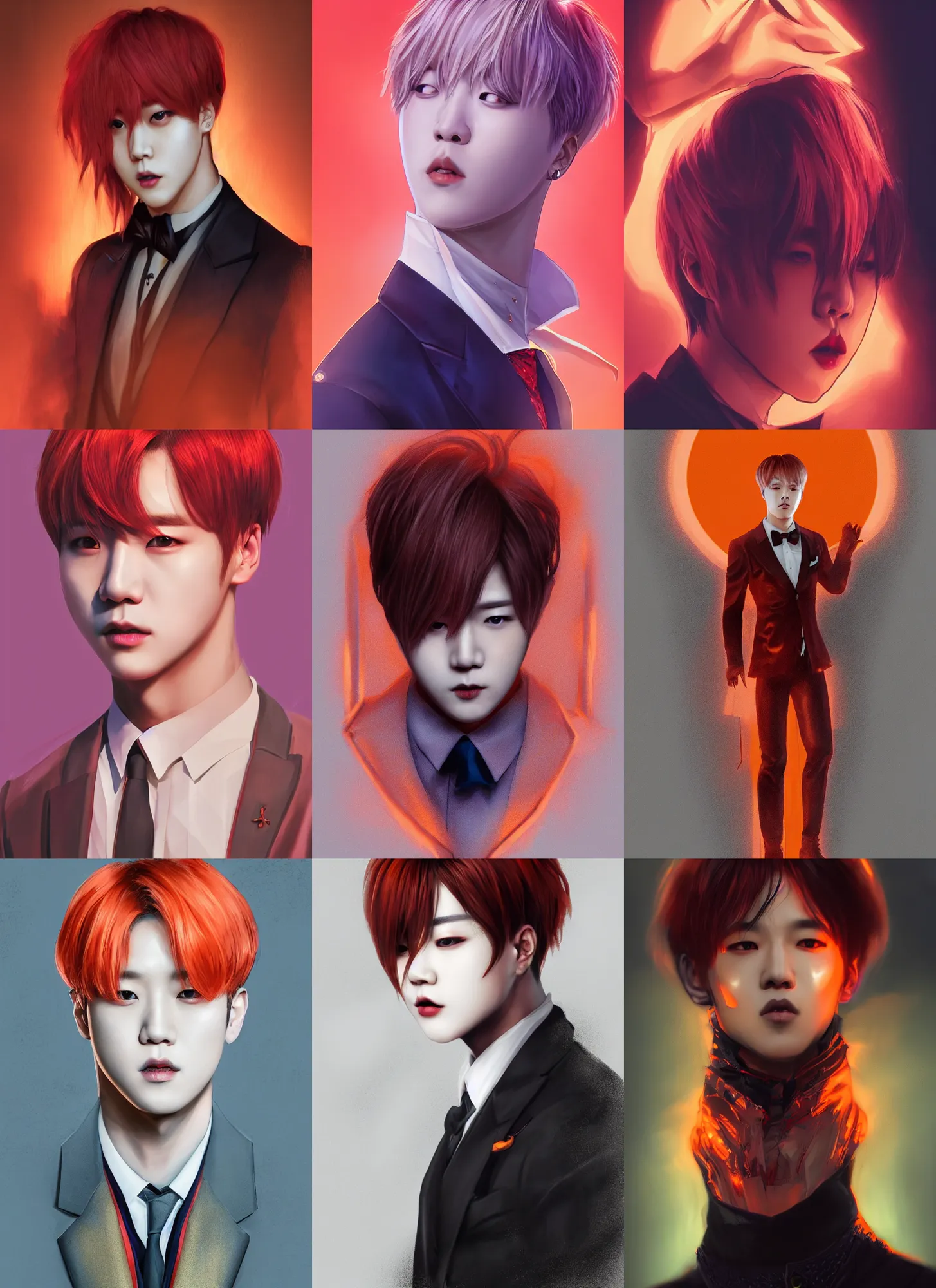 Image similar to park jimin as a vampire. wearing intricate styled suit, semi realism, anime realism, symmetrical face, slim face, appealing, photorealism, uhd, amazing depth, glowing, golden ratio, sakimichan, greg rutowski, volumetric lighting, cinematic lighting, red orange lighting, artstation concept art