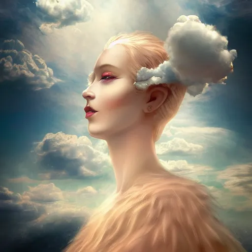 Image similar to goddess wearing a cloud fashion on the clouds, photoshop, colossal, creative, albino skin, giant, digital art, photo manipulation, clouds, covered in clouds, girl clouds, on clouds, covered by clouds, airplane in the sky, white hair, digital painting, artstation, impressionism