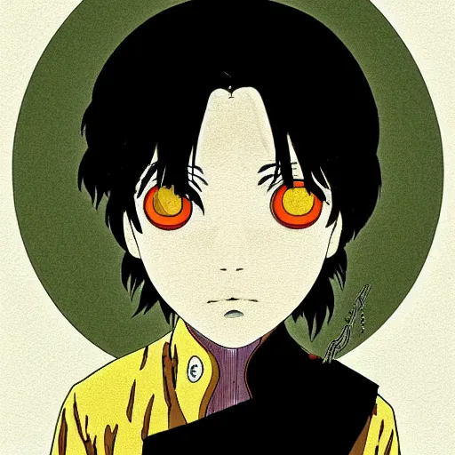 Prompt: prompt: Fragile looking flat colors portrait face drawn by Katsuhiro Otomo and Suehiro Maruo, inspired by Paprika anime, animation clean film, magical and alchemical objects on the side, soft light, white background, intricate detail, intricate ink painting detail, sharp high detail, manga and anime 2000