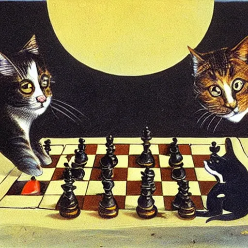 Image similar to dali surrealist painting of two cats playing chess