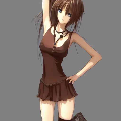 Image similar to 3d anime girl, wearing a tanktop, perfect body, wearing brown boots, long brown hair, gorgeous face, silver necklace, high quality anime art, trending on artstation