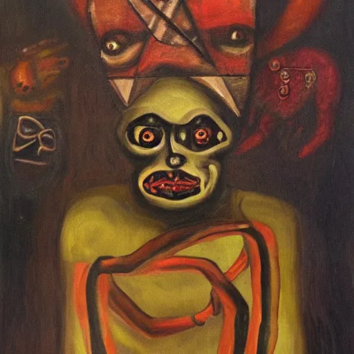 Image similar to portre of an autistic demon on acid, masonic and kabalistic symbols in background, oil painting