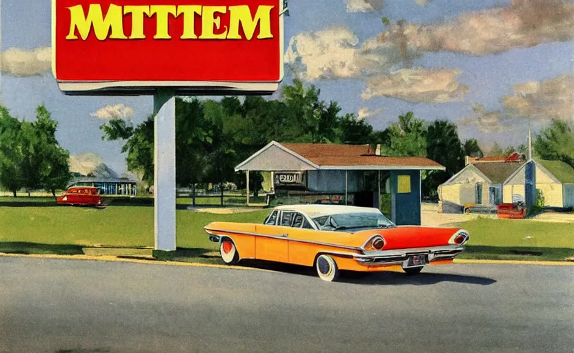 Image similar to 1 9 6 0 s americana painting of a motel and motel sign with a car parked outside by norman rockwell, relaxed mood