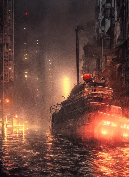 Image similar to dramatic Photorealistic, Matte Painting of a tug boat with bright head lights exploring a busy post apocalyptic deep flooded Hong Kong city street at night,dark Tall buildings by Greg Rutkowski,Craig Mullins,Hyperrealism,Beautiful dramatic moody lighting,Cinematic Atmosphere,volumetric,Octane Rendering,8K