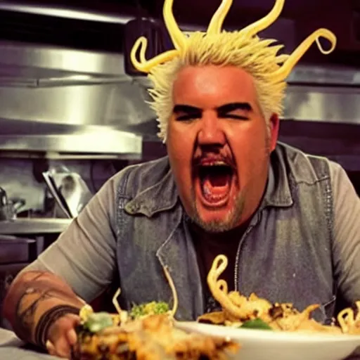 Image similar to guy fieri, mixed with an eldritch horror monster, with tentacles, in a restaurant kitchen, film still from the movie directed by denis villeneuve with art direction by salvador dali