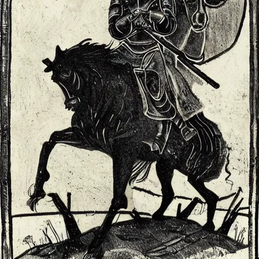 Image similar to a knight riding a shadow horse, knight's face is covered in black, rain, forest