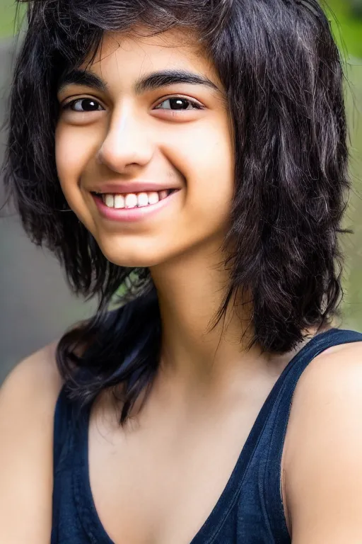 Prompt: close up headshot of an androgynous Hispanic teen with medium length slightly wavy black hair a wide smile brown eyes a small nose tidy plucked eyebrows dark brown eyes and a diamond shaped face, high resolution film still, 8k, HDR color, gazing dark brown eyes, high cheek bones, trimmed eyebrows