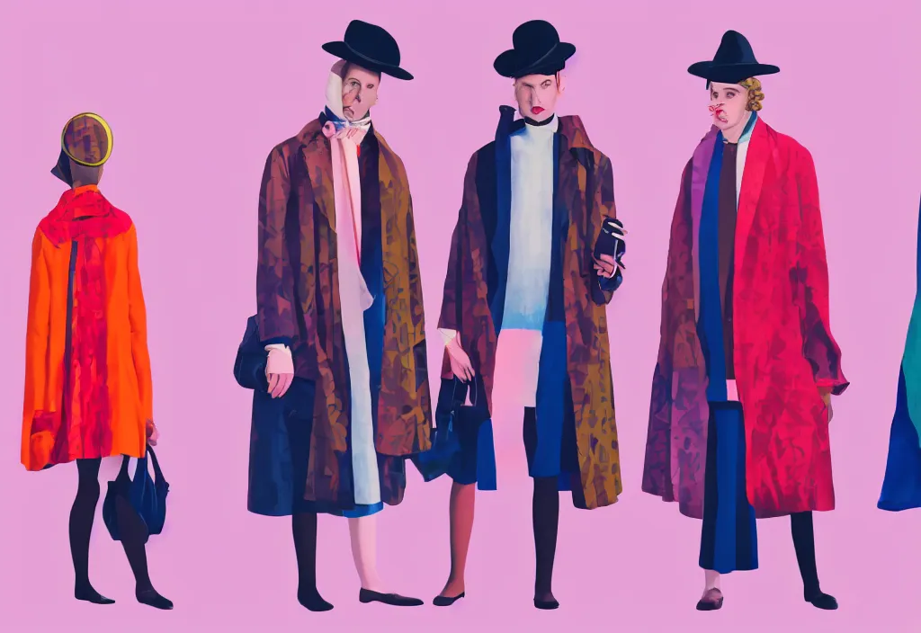 Prompt: full body portrait of a trio of young fashionable european tourists long pattern coat travel apparel, with nikon cameras, various poses shooting photos, character designs painting, in the style of wes anderson, rene magritte, lola dupre, david hockney, isolated on white background, dark monochrome neon spraypaint accents volumetric octane render