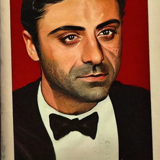 Image similar to “Oscar Isaac portrait, color vintage magazine illustration 1950”