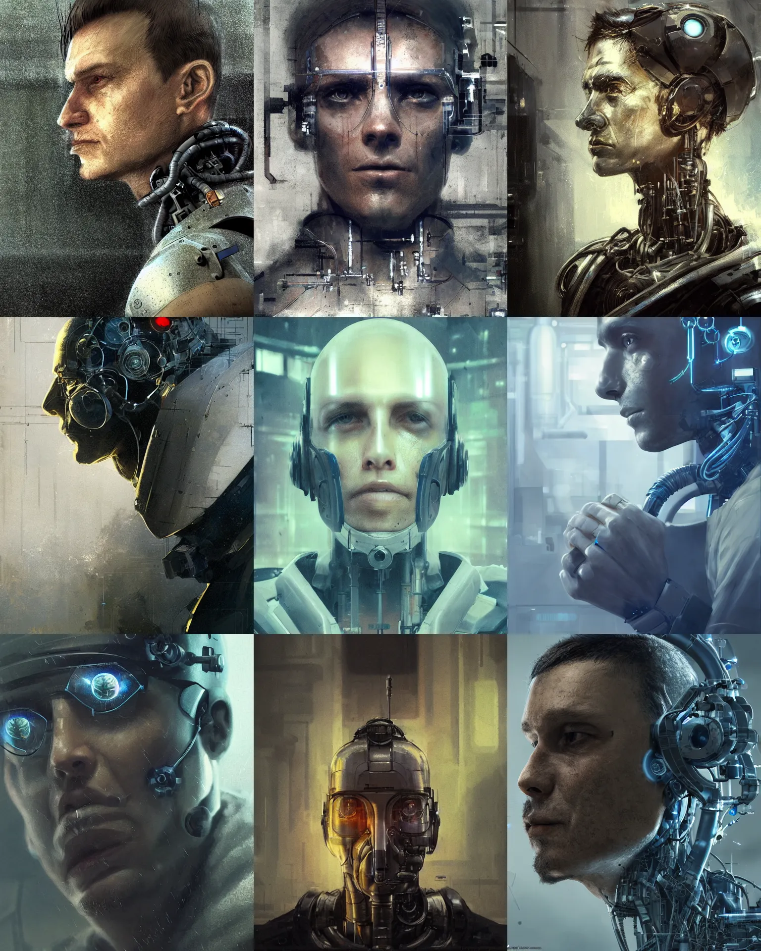 Prompt: a laboratory operator man with cybernetic enhancements seen from a distance, 1 / 4 headshot, dystopian scifi character portrait by greg rutkowski, craig mullins, daytoner, cinematic lighting, dystopian scifi gear, profile picture, mechanical, cyborg, half robot