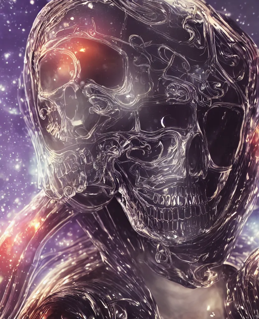 Prompt: close-up macro portrait of the face of a beautiful princess in a skull glass mask spaceman suit, epic angle and pose, symmetrical artwork, 3d with depth of field, blurred background, cybernetic jellyfish female face skull phoenix bird, translucent, nautilus, energy flows of water and fire. a highly detailed epic cinematic concept art CG render. made in Maya, Blender and Photoshop, octane render, excellent composition, cinematic dystopian brutalist atmosphere, dynamic dramatic cinematic lighting, aesthetic, very inspirational, arthouse. y Greg Rutkowski, Ilya Kuvshinov, WLOP, Stanley Artgerm Lau, Ruan Jia and Fenghua Zhong