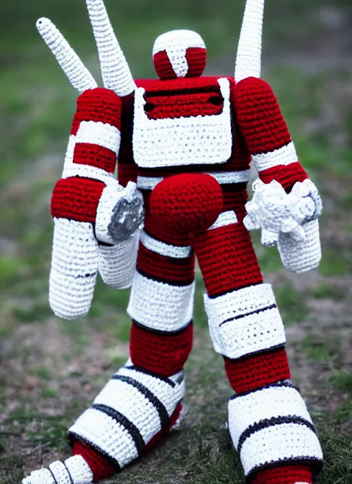 Image similar to a crochet mecha with rocket launchers, realistic, no cropping, full body, Sigma 50 mm f/1.4