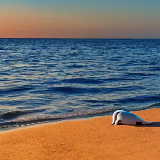 Prompt: a cute beluga on a beach, sun bathing, golden hour, vivid color, hyper realistic photograph