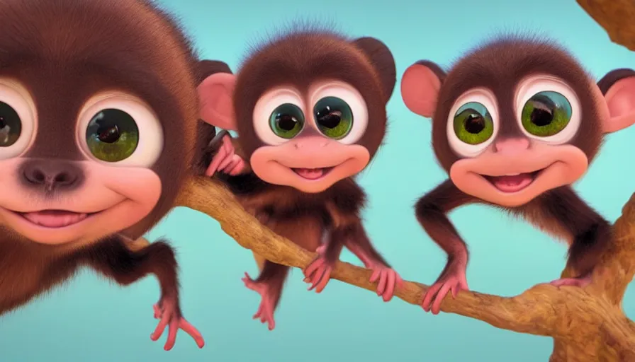 Image similar to very very very cute baby monkeys by Max Kostenko and Bobby Chiu, disney, pixar, MPC, Framestore, character design for animation, uplight, a lineup of characters, big disney eyes, symmetrical eyes, cuteness, 3d render, octane rendered, rendered by maya and houdini, highly detailed, unreal engine, Trending on Artstation, octane render, 4k, 8k, HD