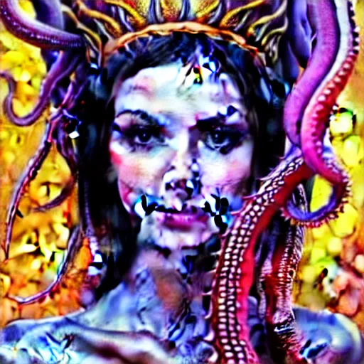 Prompt: Victoria Justice as the Goddess of tentacles looking at you intensely with seductively serious eyes while being embraced by slimy tentacles from the Squid King. ultra detailed painting at 16K resolution and epic visuals. epically surreally beautiful image. amazing effect, image looks crazily crisp as far as it's visual fidelity goes, absolutely outstanding. vivid clarity. ultra. iridescent. mind-breaking. mega-beautiful pencil shadowing. beautiful face. Ultra High Definition.