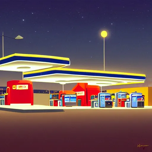 Prompt: a matte painting of a gas station at night by james gilleard, emiliano ponzi, george ault, bauhaus, retrofuturism, concept art, matte background, matte drawing