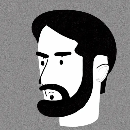 Prompt: a man with black hair and beard, wearing a black jacket, white shirt and jeans, looking around, worried, illustration, cartoonish style