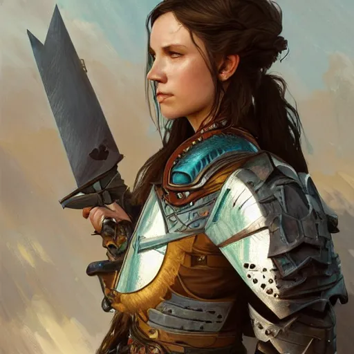 Image similar to portrait of a rugged female as a bruised knight with a shield and heavy chronos armor, fantasy, intricate, headshot, highly detailed, digital painting, artstation, concept art, sharp focus, cinematic lighting, illustration, art by artgerm and greg rutkowski, alphonse mucha, cgsociety