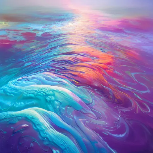 Prompt: the laws of physics break down and there only an infinite present, in which all points in time are equally real. surrealist acrylic painting by andreas rocha and alena aenami, pastel colors, featured on artstation, metaphysical, fluid acrylic pour art, airbrush art, abstract cosmic art