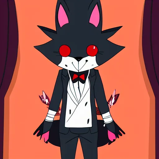 Image similar to key anime visual professional art of a close shot of an anthropomorphic black male fox anthro fursona, wearing a pomegrante colored business suit, handsome male eyes, anime office interior, official anime still