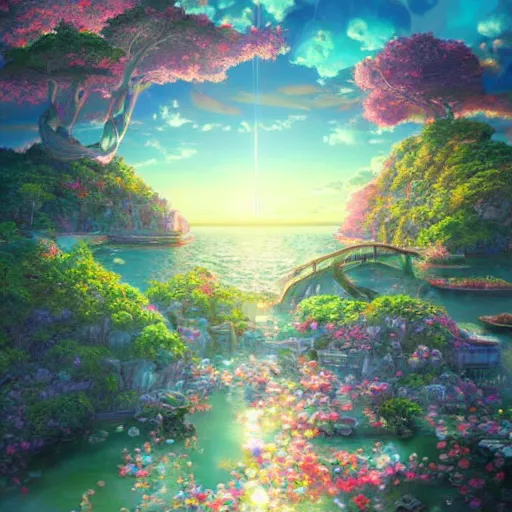 Prompt: the aesthetic view of the beautiful, grand, wistful, dreamy lonely island at dusk, hyperrealistic anime illustration by iralki nadar, colorful, extremely detailed, intricate linework, super sharp focus, bright colors, octopath traveler, studio ghibli, unreal engine 5 highly rendered, global illumination, radiant light, detailed and intricate environment