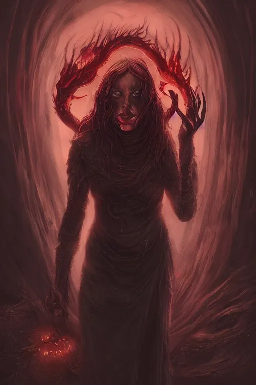 Prompt: Beautiful Sorceress of Fire, Glowing Red Eyes, professional illustration by Seb McKinnon, ArtGerm, WLOP, fantasy, magic, powerful presence, boss fight