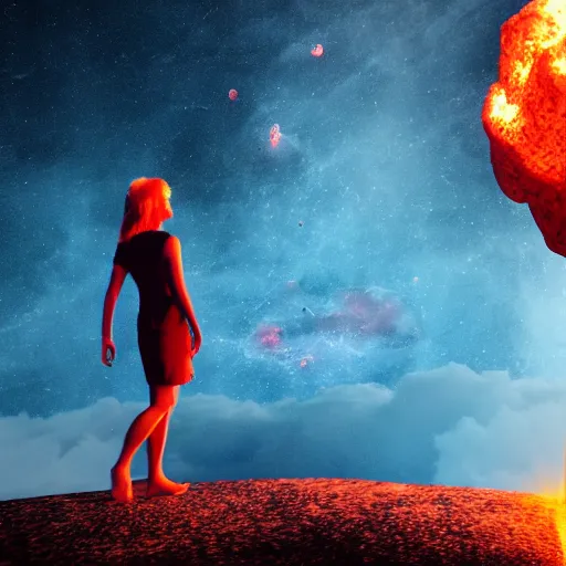 Image similar to a girl on a hill watching a flaming asteroid fall from space, octane render very realistic beatiful