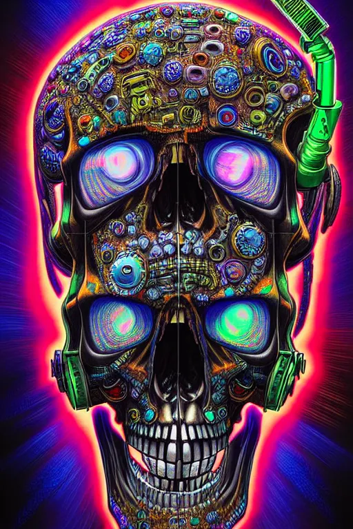 Prompt: maximalist detailed scifi robot skull portrait. lowbrow scifi artwork by kidsquidy and binx. ly. ray tracing hdr polished sharp in visionary psychedelic fineart style inspired by alex grey and cameron gray