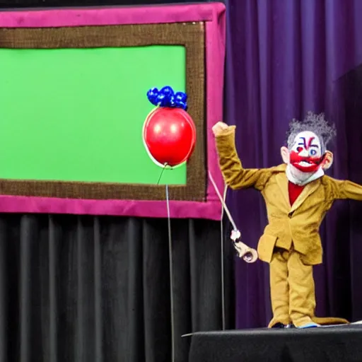 Image similar to puppet show with a puppeteer using a string marionette of a president with clown makeup in a podium