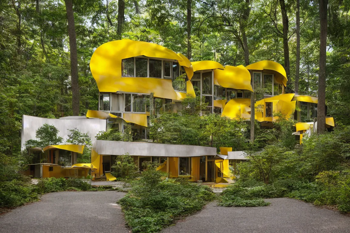 Image similar to a mid century modern house in a forest, designed by Frank Gehry. Tiles. Small gravel driveway . Film grain, cinematic, yellow hue