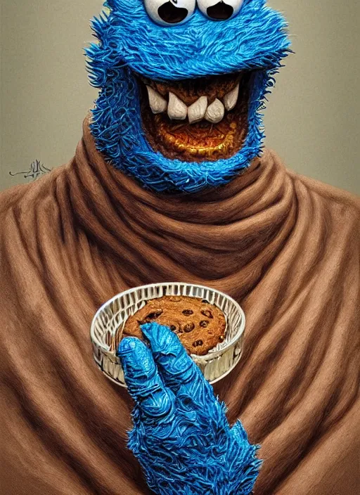 Image similar to portrait of Cookie Monster in Society (1989), intricate, highly detailed, centered, digital painting, artstation, concept art, smooth, sharp focus, illustration, artgerm, donato giancola, Joseph Christian Leyendecker, Les Edwards, Ed Repka, WLOP, Artgerm